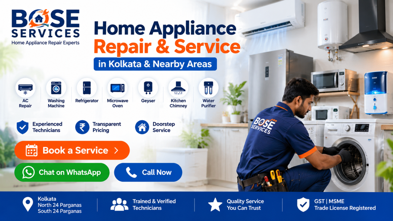 Bose Services home appliance repair in Kolkata and nearby areas, offering AC, washing machine, refrigerator, microwave oven, geyser, kitchen chimney and water purifier repair with experienced technicians and doorstep service.